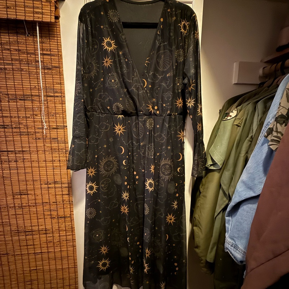 BloomChic Black and Gold Celestial Print Dress